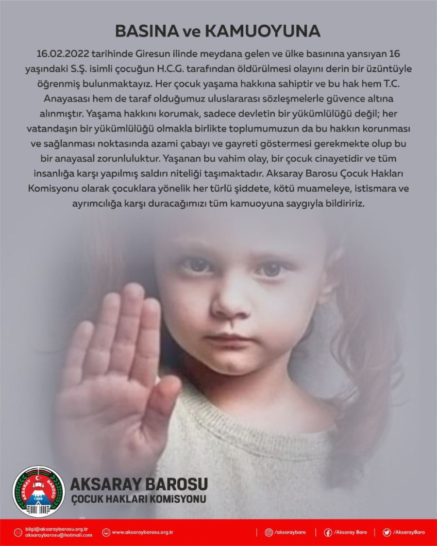 AKSARAY BAROSU ÇOCUK HAKLARI KOMİSYONUNDAN DUYURU